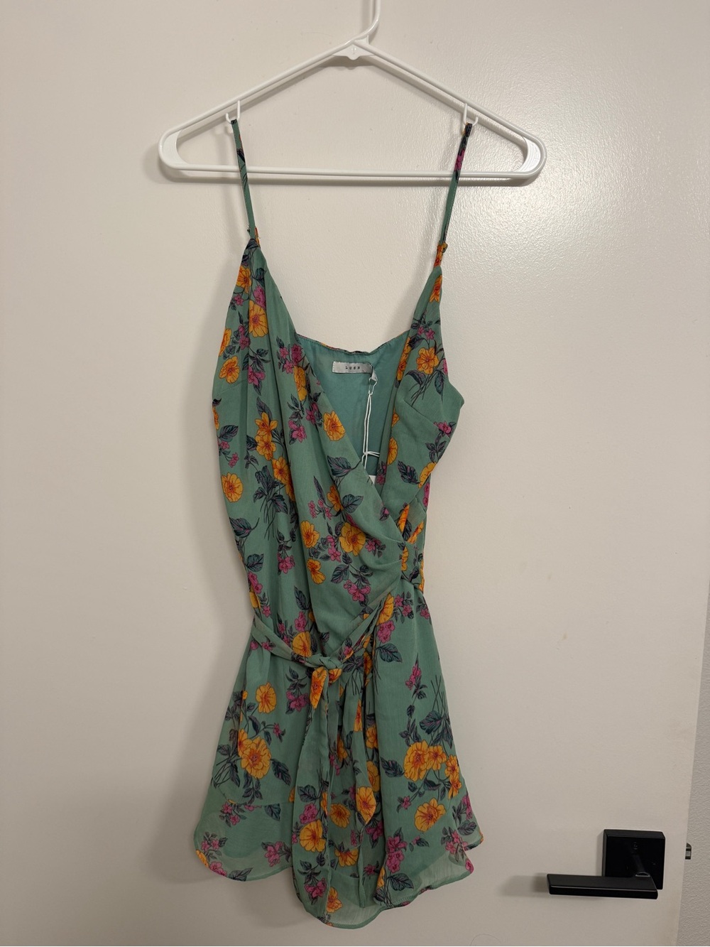 Lush Green Floral Tie-Waist Romper with Yellow & Pink Flowers